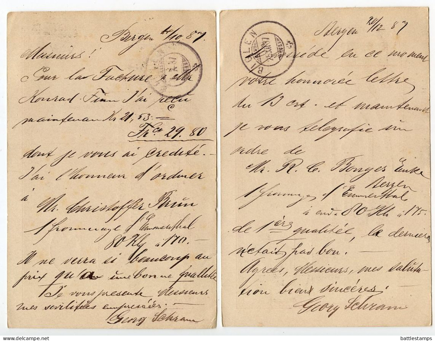 Norway 1887 Two 10o. Post Horn Postal Cards; Bergen To Biglen, Switzerland; Swiss Ambulant Postmarks - Postwaardestukken