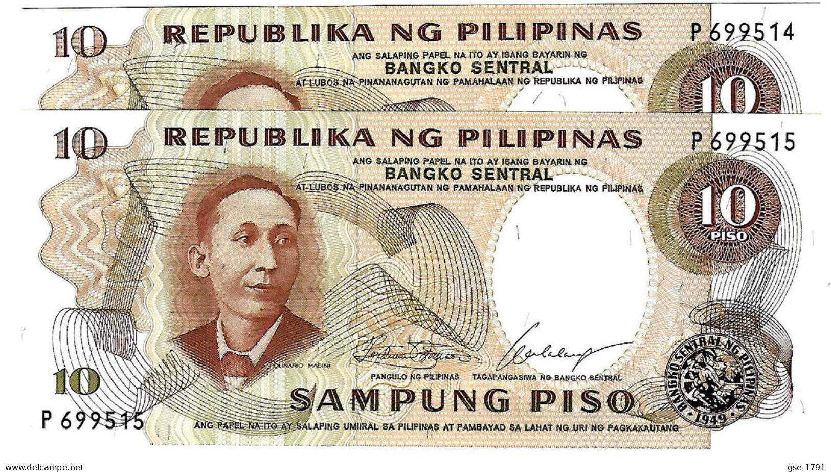 PHILIPPINES 1969  10 Piso  #144a  MABINI  Sign.Calalang 2 Billets à Suivre NEUFS - Philippines