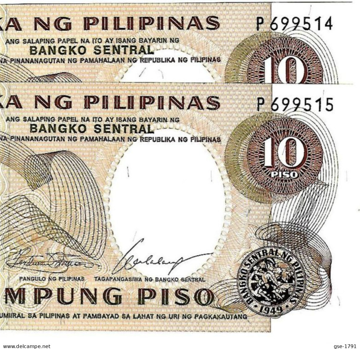 PHILIPPINES 1969  10 Piso  #144a  MABINI  Sign.Calalang 2 Billets à Suivre NEUFS - Philippines