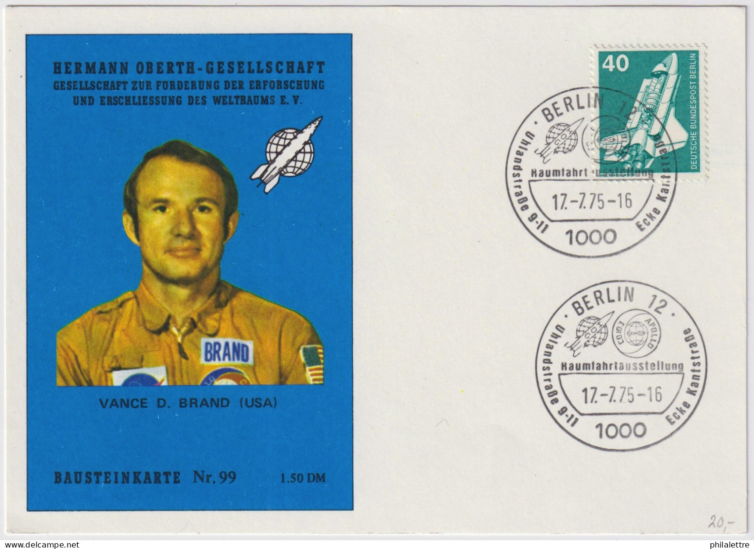 ALLEMAGNE / GERMANY - 1975 Mi.850 40pf Spacelab On Card From The BERLIN RAUMFAHRTAUSSTELLUNG (Bausteinkarte Nr.99) - Cartas & Documentos