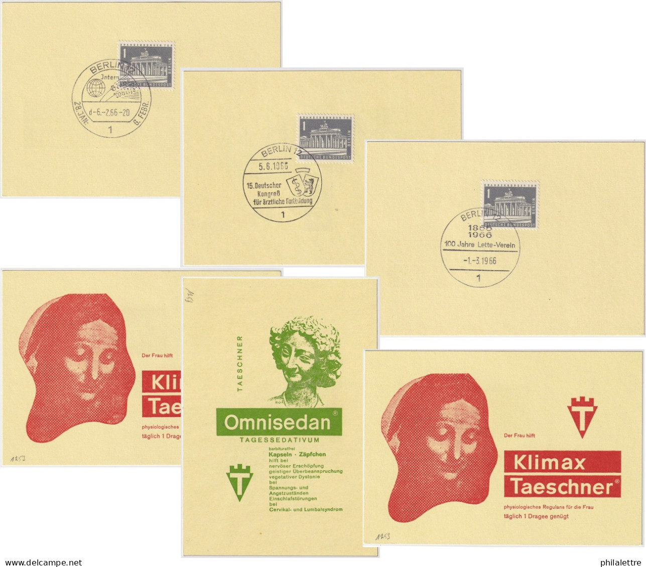 ALLEMAGNE / GERMANY / BERLIN - 1966 - Mi.140y Cancelled By Commemorative Hand Stamps On 3 Pharma Advert Cards - Lettres & Documents