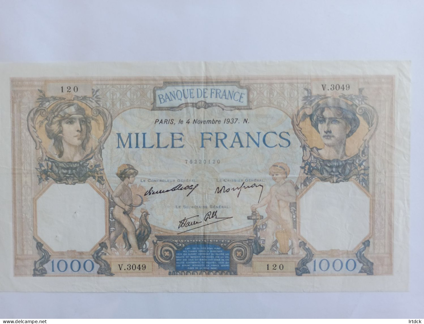 Billet Banque De France 1000 Francs Ceres Et Mercure 04/11/1937 - 1 000 F 1927-1940 ''Cérès Et Mercure''