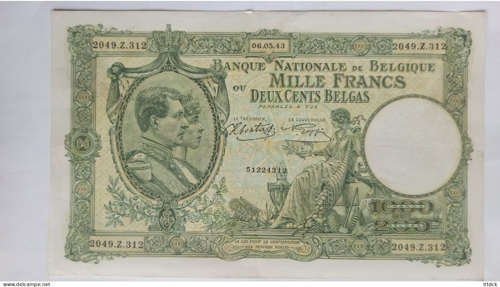 Billet Banque De Belgique  1000 Francs Ou 200 Belgas 06/05/1943 - 1000 Frank & 1000 Frank-200 Belgas
