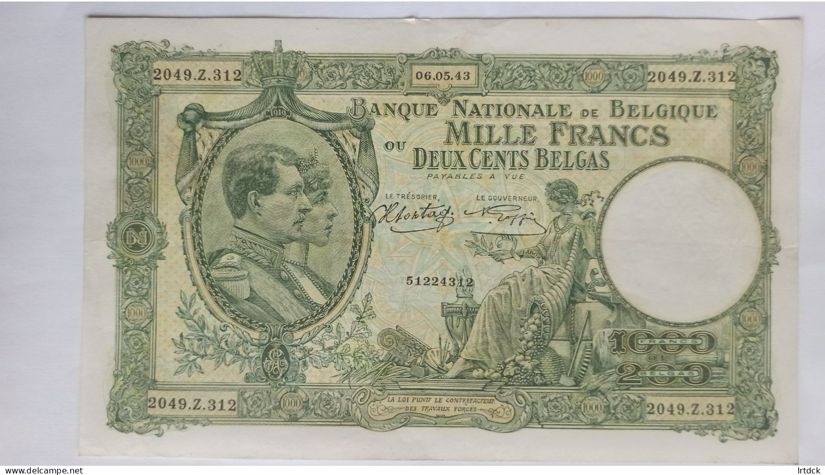 Billet Banque De Belgique  1000 Francs Ou 200 Belgas 06/05/1943 - 1000 Francos & 1000 Francos-200 Belgas