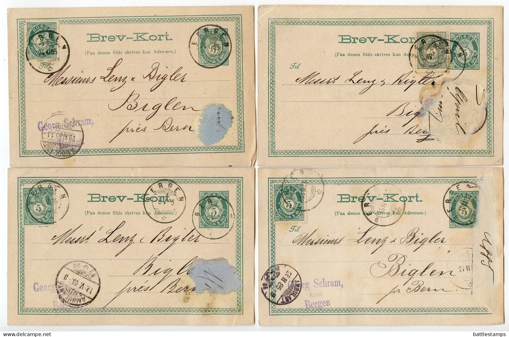 Norway 1880's 9 Uprated 5o. Post Horn Postal Cards; Bergen To Biglen, Switzerland; Ambulant Postmarks - Ganzsachen