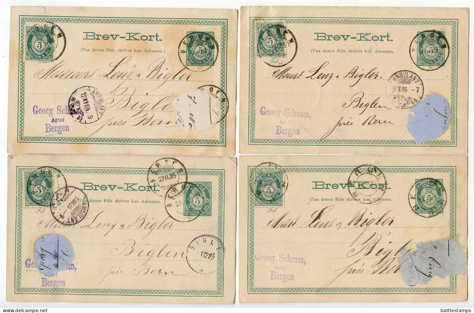 Norway 1880's 9 Uprated 5o. Post Horn Postal Cards; Bergen To Biglen, Switzerland; Ambulant Postmarks - Ganzsachen