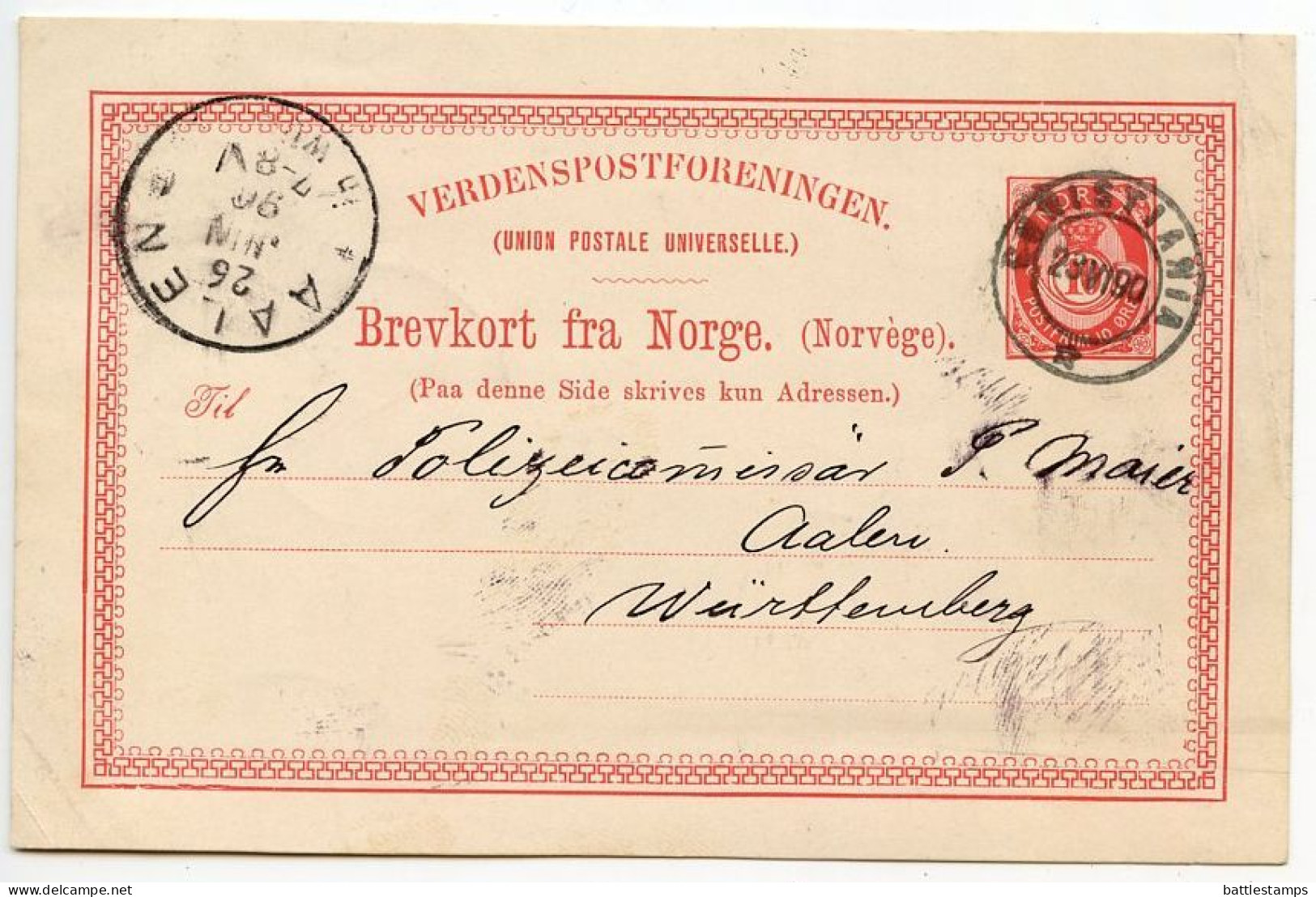 Norway 1890 10o. Post Horn Postal Card; Christiana To Aalen, Württemberg - Ganzsachen