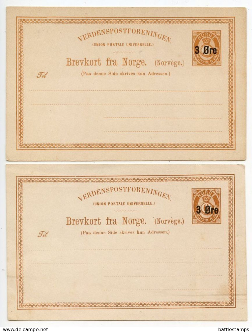 Norway 1880's 2 Different Mint 3o. Surcharged Overprint On 6o. Post Horn Postal Cards - Ganzsachen