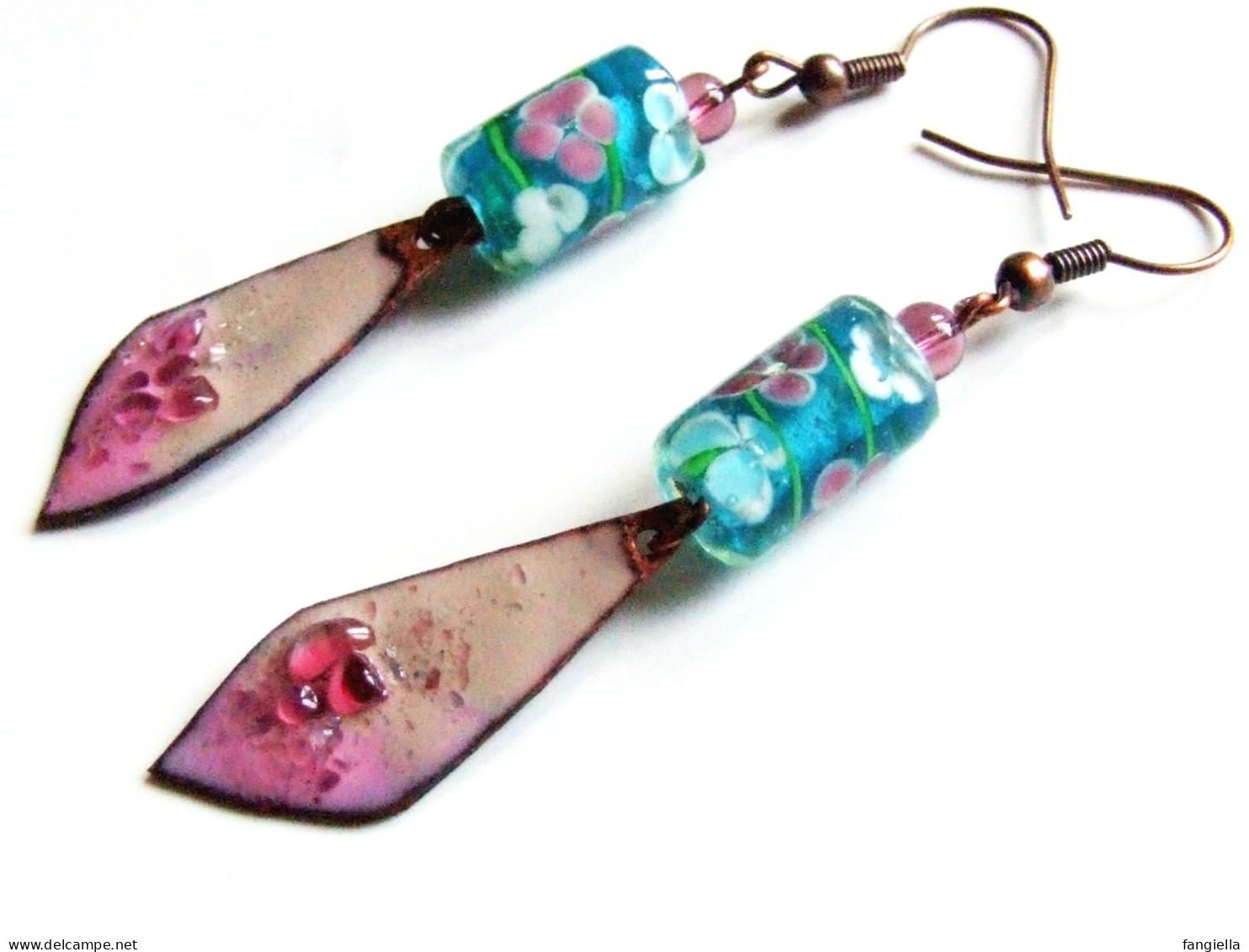 Boucles D'oreilles Artisanales, Perle Verre Artisanal, émaux Sur Cuivre, Bijou Fleurs Bleu Rose, Bijou D'artiste Créateu - Oorringen