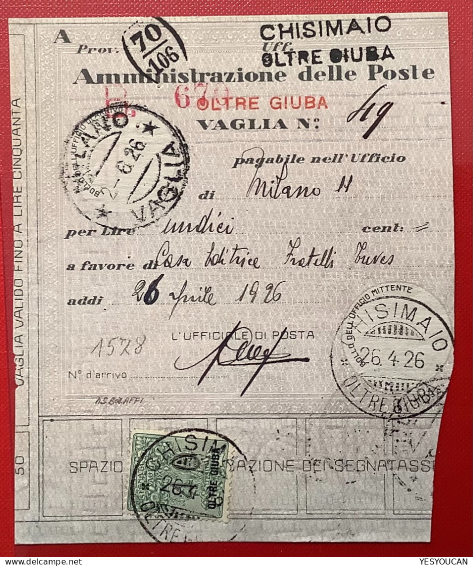 Oltre Giuba 1925 Segnatasse Per Vaglia CHISIMAIO Bollettino (Somalia Lettera Kenya WW1money Order Italy Cover Somaliland - Oltre Giuba