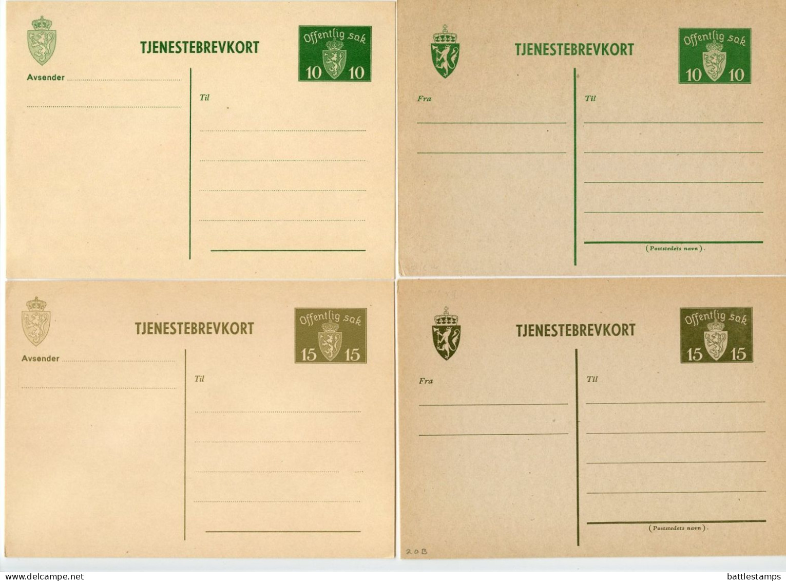 Norway 1930's-40's 4 Different Mint 10o. & 15o. Coat Of Arms Official Postal Cards / Tjenestebrevkort - Ganzsachen