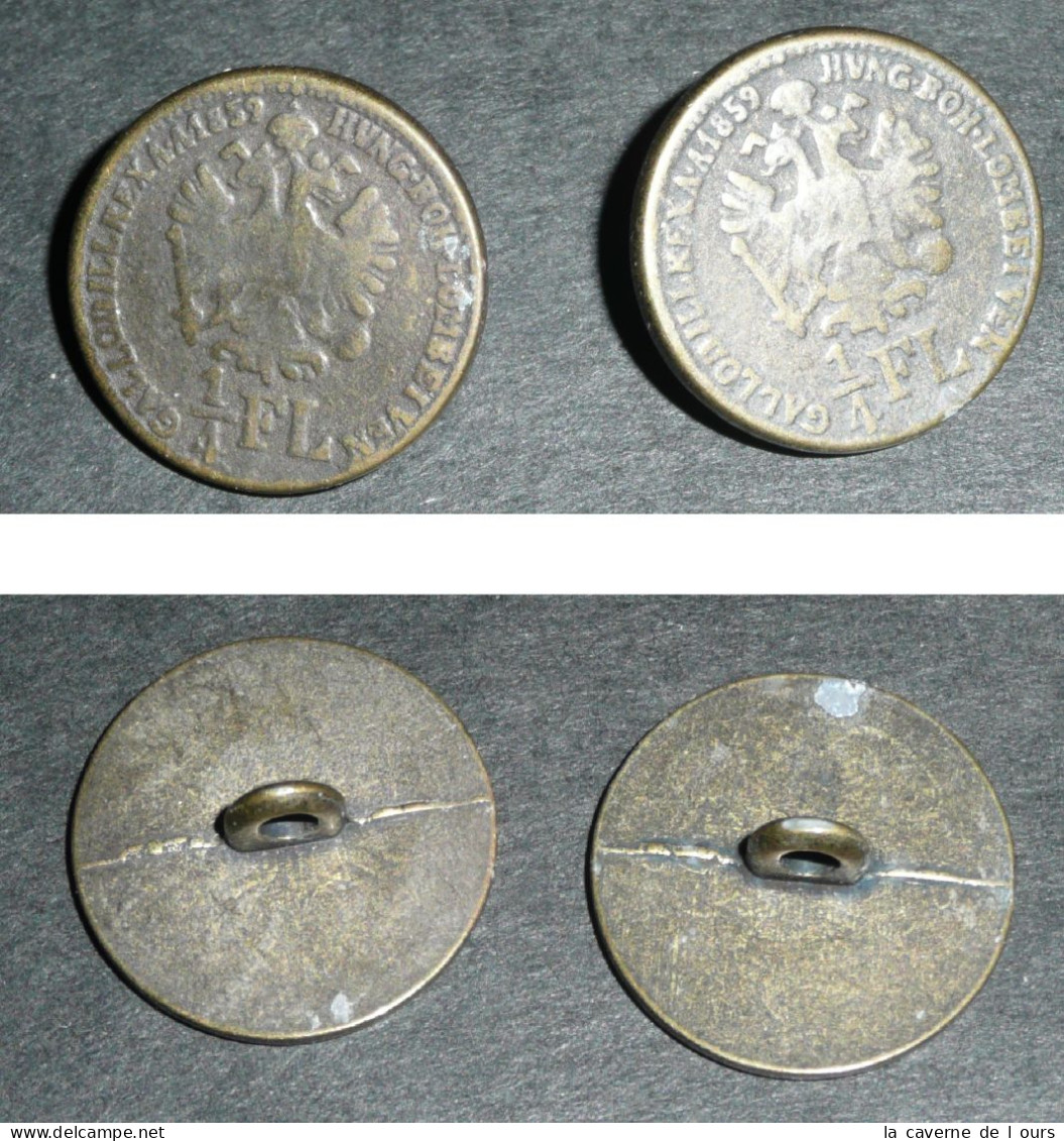 Lot De 2 Anciens Boutons En Métal, Copie De Monnaie Royaume De Hongrie 1859, 1/4 De Florin Bouton, Aigle Bicéphale - Fiktive & Specimen