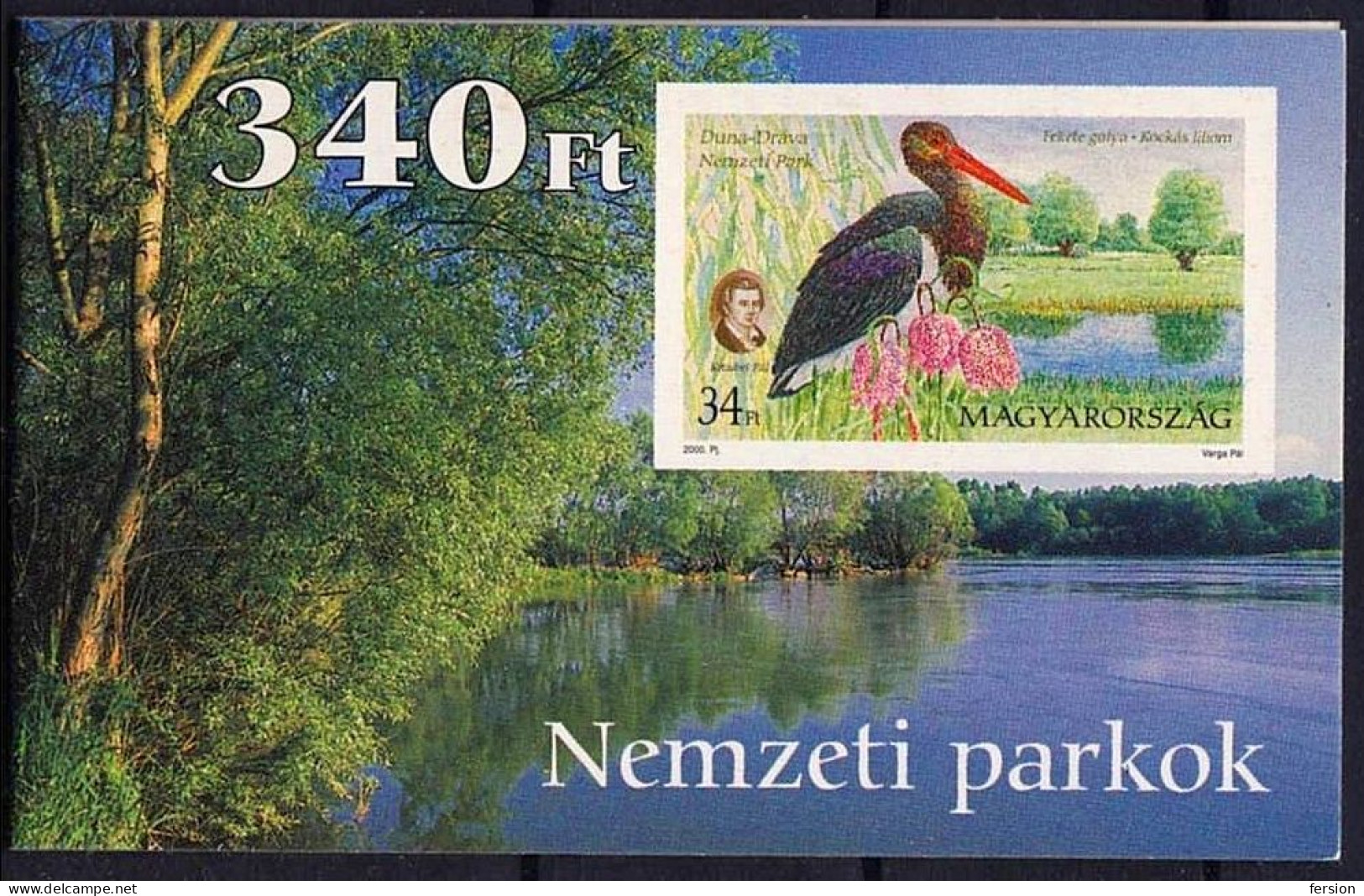 BIRD BIRDS Black stork Pál Kitaibel botanist chemist river DRAVA DANUBE 2000 Hungary fritillary flower BOOKLET Mi 4589