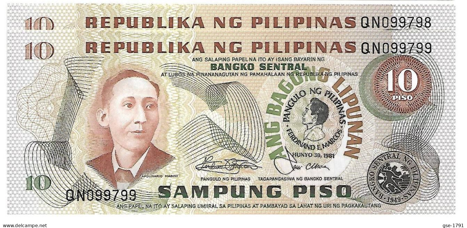 PHILIPPINES   10 Piso  ABL #167a1-1  Surcharge De MARCOS Col  étroit  . Lot De 2 BilletsNEUFS - Philippines