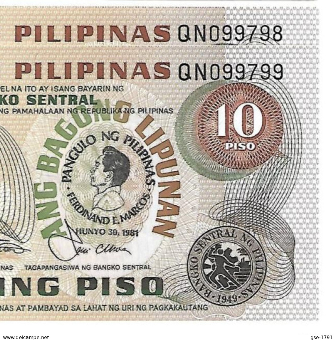 PHILIPPINES   10 Piso  ABL #167a1-1  Surcharge De MARCOS Col  étroit  . Lot De 2 BilletsNEUFS - Philippines