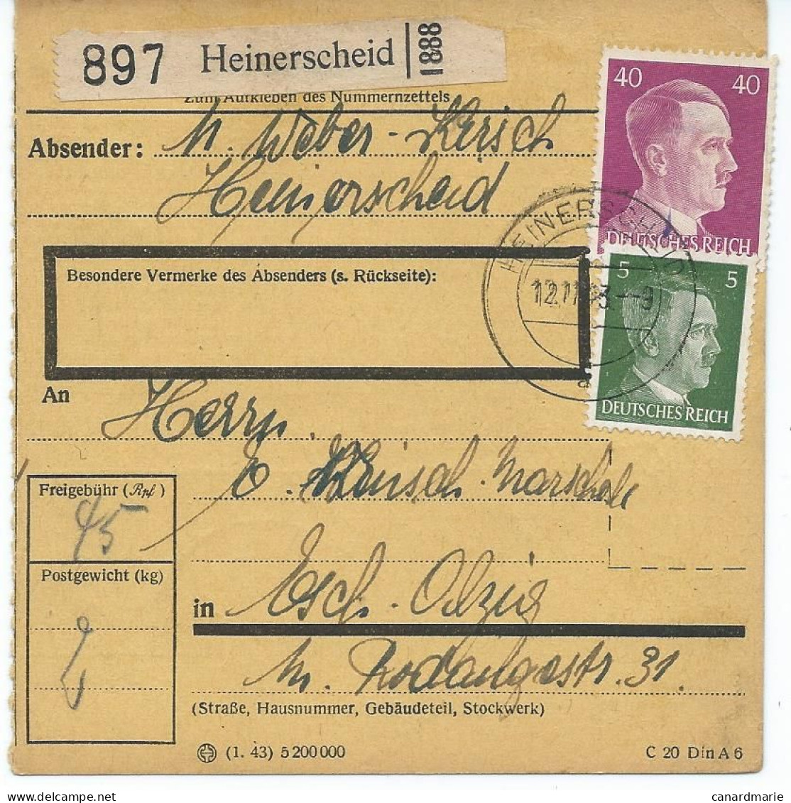 BULLETIN DE COLIS POSTAL 1943 AVEC ETIQUETTE DE HEINERSCHEID - 1940-1944 Occupation Allemande