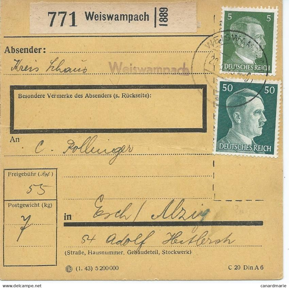 BULLETIN DE COLIS POSTAL 1943 AVEC ETIQUETTE DE WEISWAMPACH - 1940-1944 Deutsche Besatzung