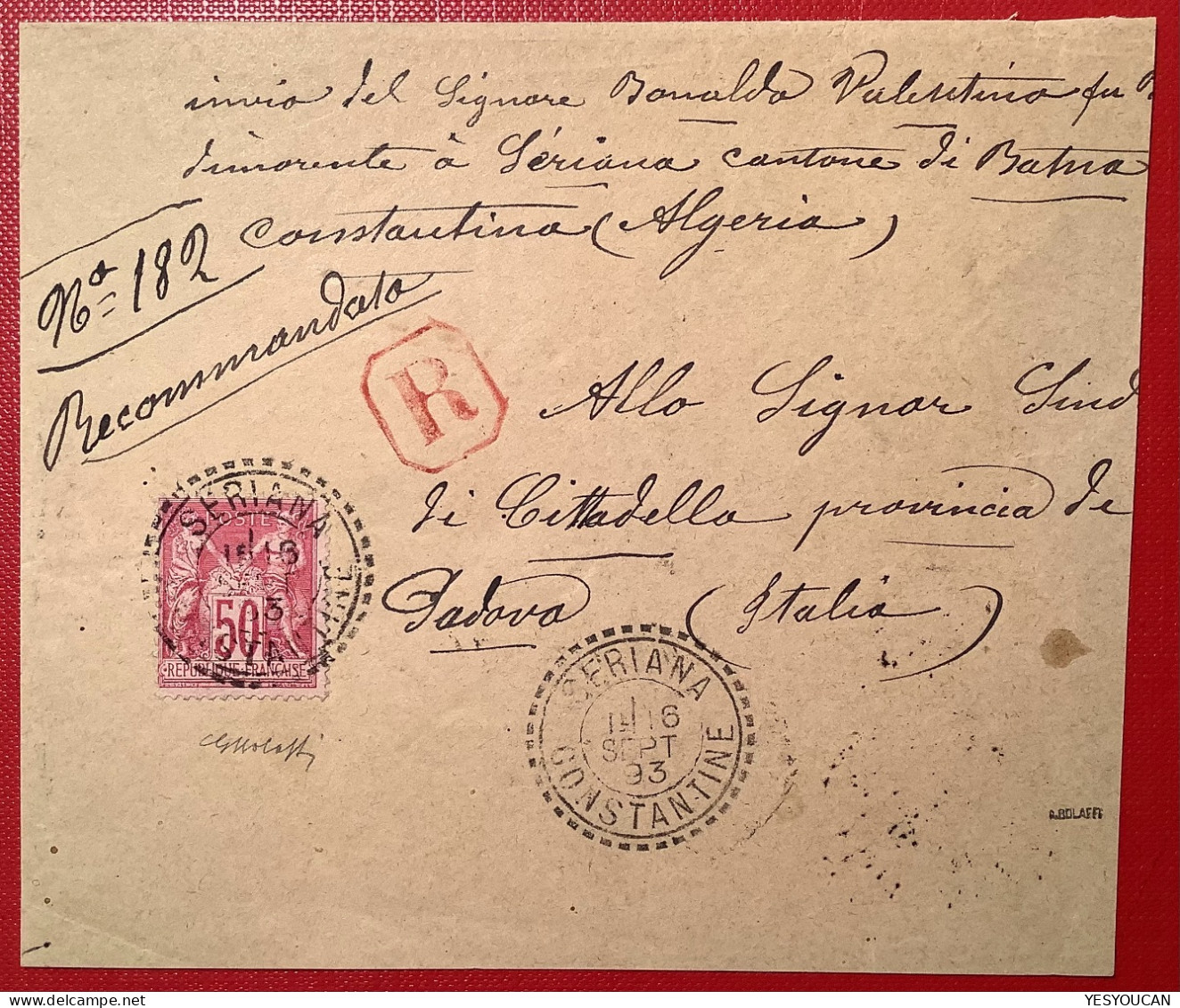 "SERIANA CONSTANTINE 1893" ALGERIE Oblitération RRR ! S. Lettre Affr. Type Sage>Padova (France Pasteur Cover Algeria - 1877-1920: Semi Modern Period