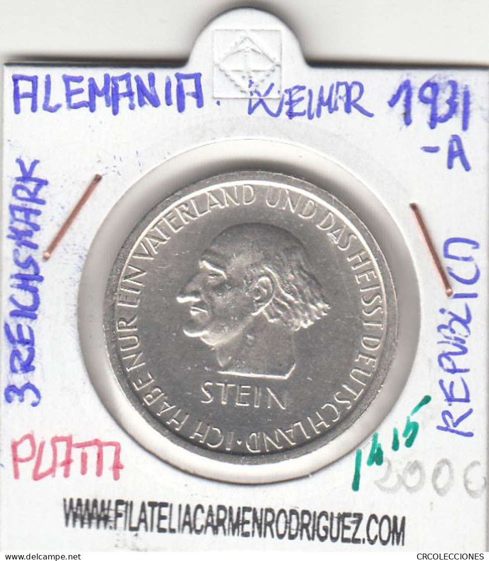 CR1415 MONEDA ALEMANIA 3 REICHSMARK 1931-A PLATA SIN CIRCULAR - 3 Mark & 3 Reichsmark