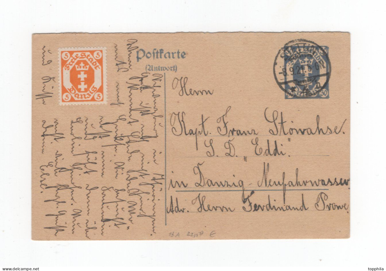 1921 Danzig 30 Pfg Ganzsache - Antwortkarte Mit Zusatzfrankatur Gest. Stettin Nach Neufahrwasser P13 A - Postwaardestukken