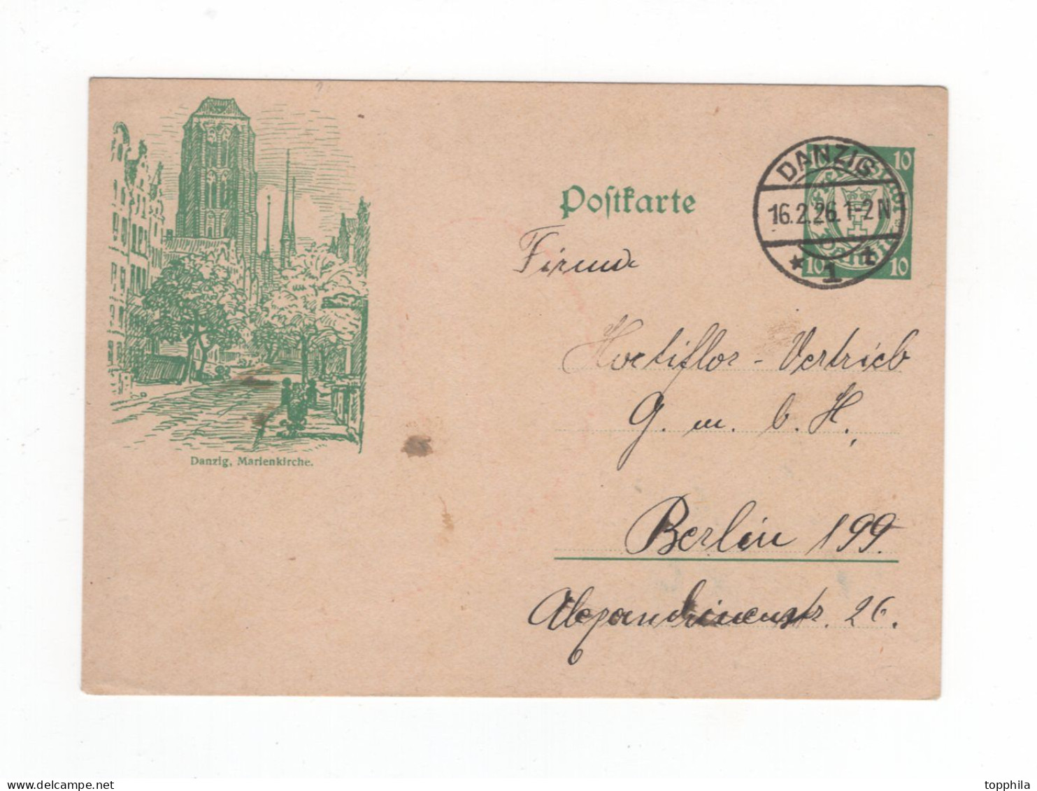 1926 Danzig 10 Pfg Ganzsache Bildpostkarte Marienkirche P38 I/03 Gest. Danzig 1 Nach Berlin - Postwaardestukken