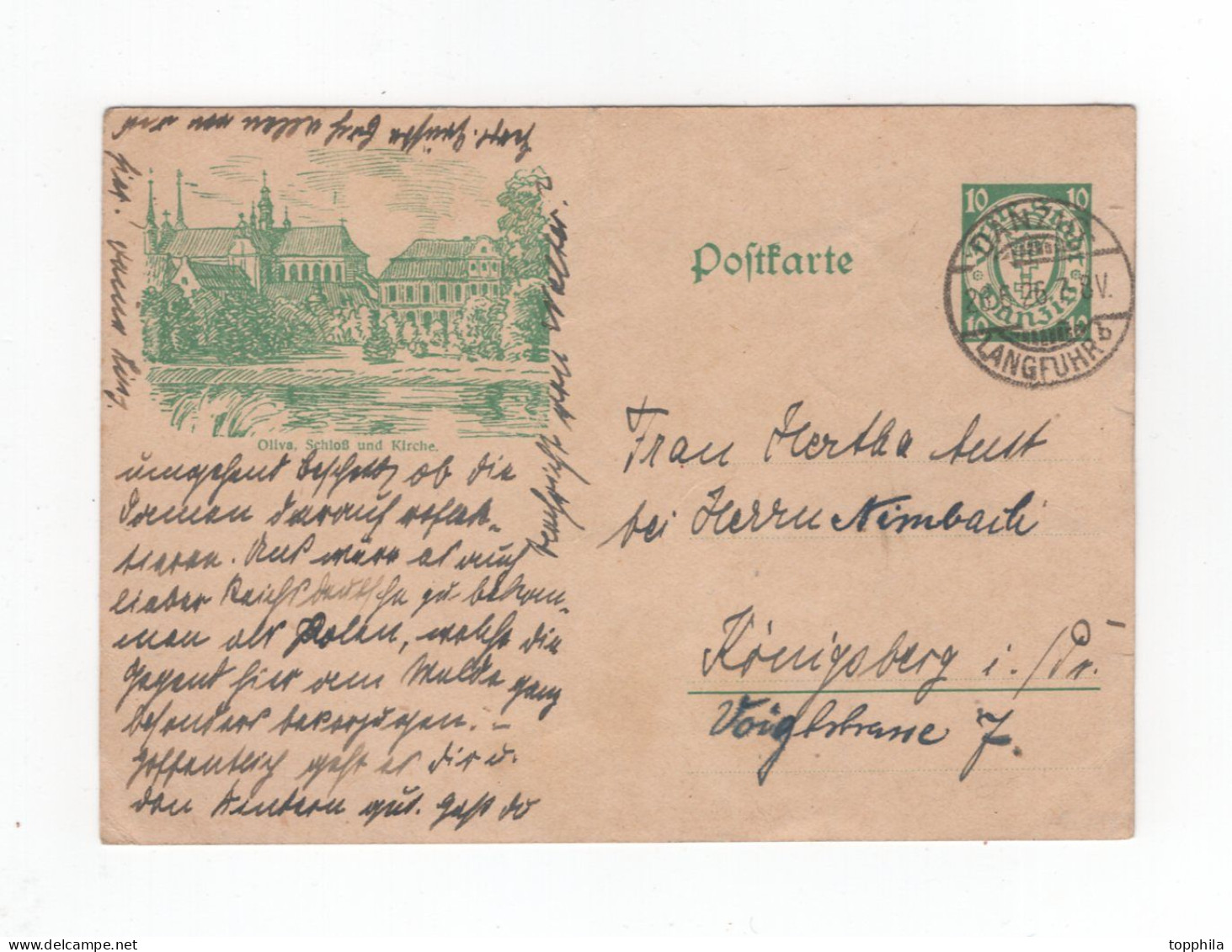 1926 Danzig 10 Pfg Ganzsache Bildpostkarte Oliva P38 I/06 Gest. Danzig Langfuhr Nach Königsberg - Entiers Postaux