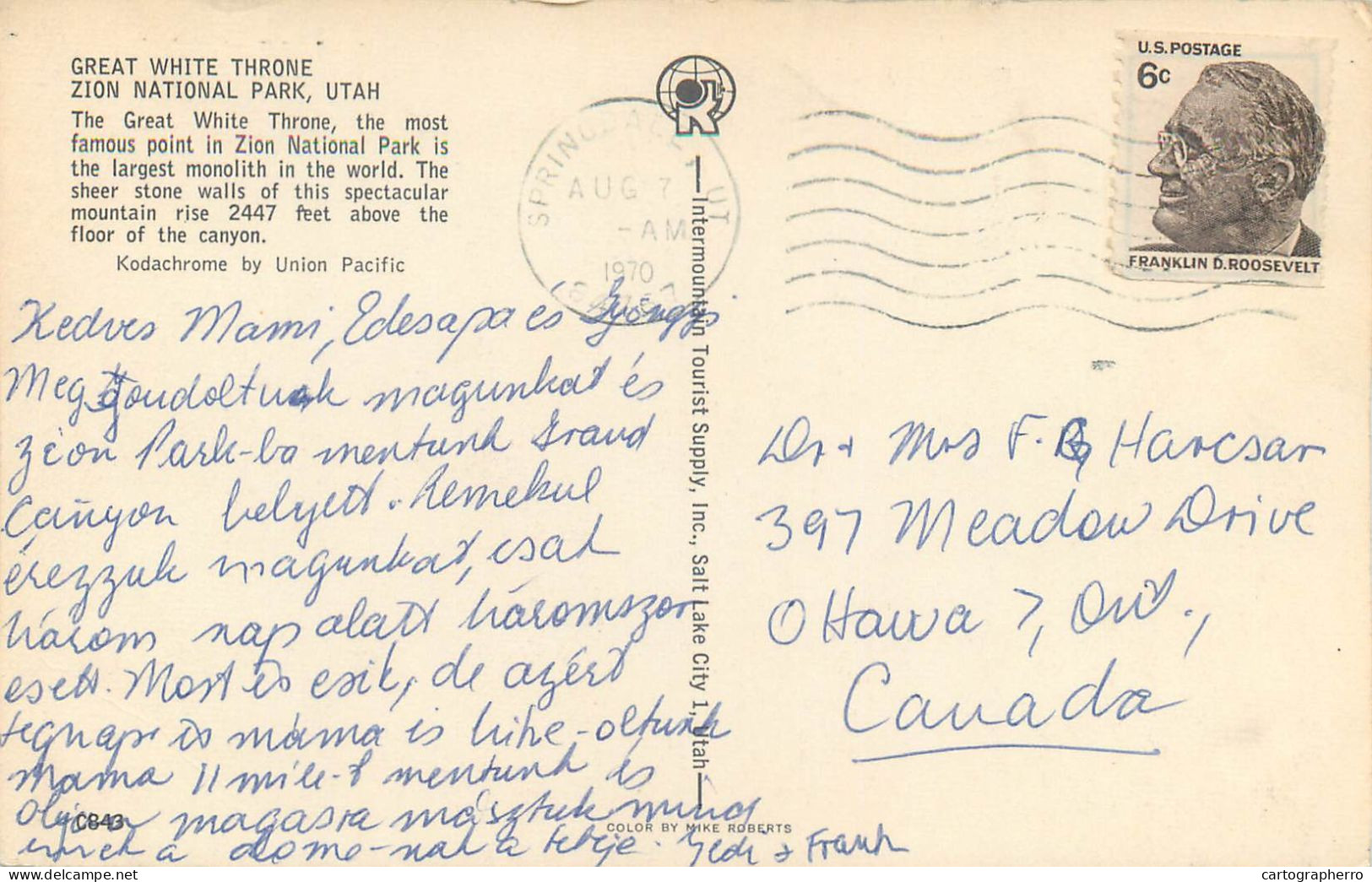 Postcard America USA UT - Utah > Zion National Park Great White Throne 1970 - Zion