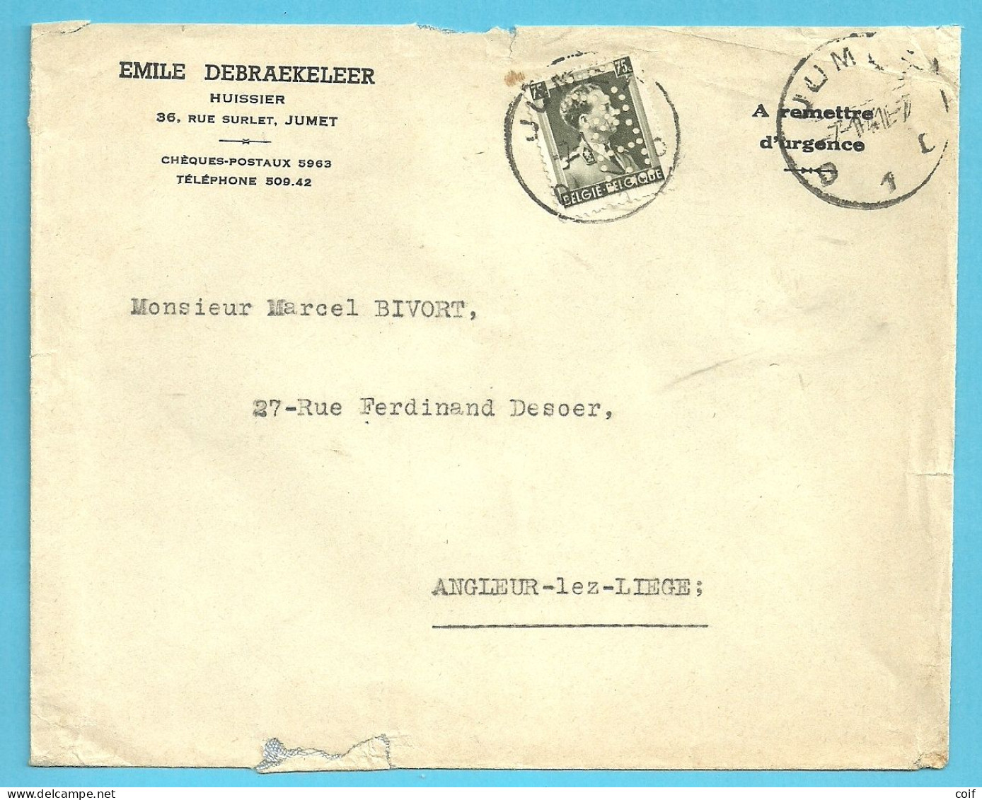 480 Op Brief Stempel JUMET Met Firmaperforatie (perfin) "EDR" Van EMILE DEBRAEKELEER / Huissier Te JUMET - 1934-51