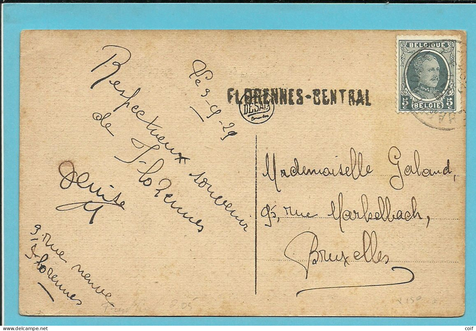 193 Op Kaart Stempel CHARLEROI Met Naamstempel (Griffe D'origine) FLORENNES-CENTRAL - 1922-1927 Houyoux