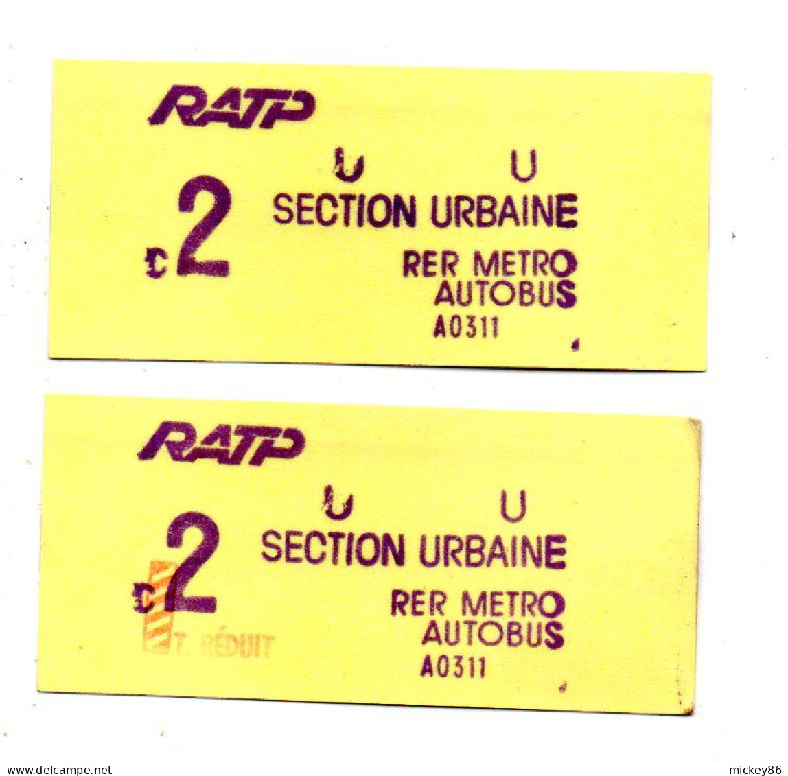 PARIS--Ticket De Transport -RATP PARIS --Lot De 2 Anciens Tickets NEUFS  --plein Tarif + Tarif Réduit - Europe