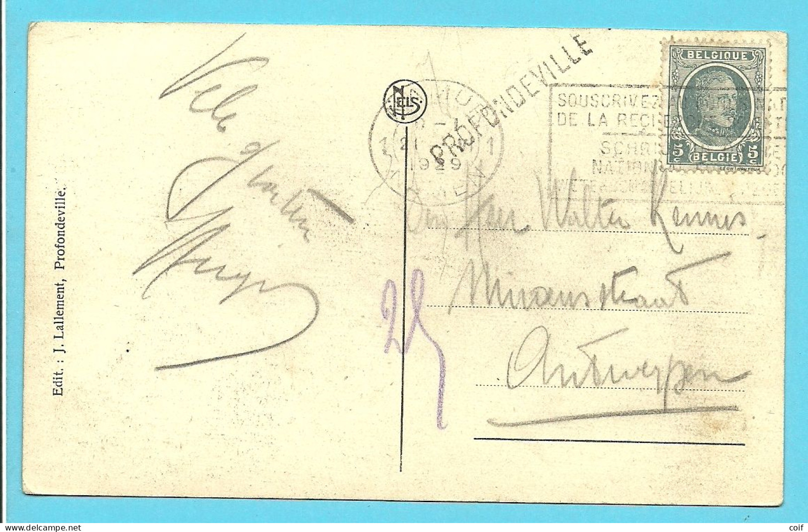 193 Op Kaart  Stempel NAMUR Met Naamstempel (Griffe D'origine) PROFONDEVILLE - 1922-1927 Houyoux