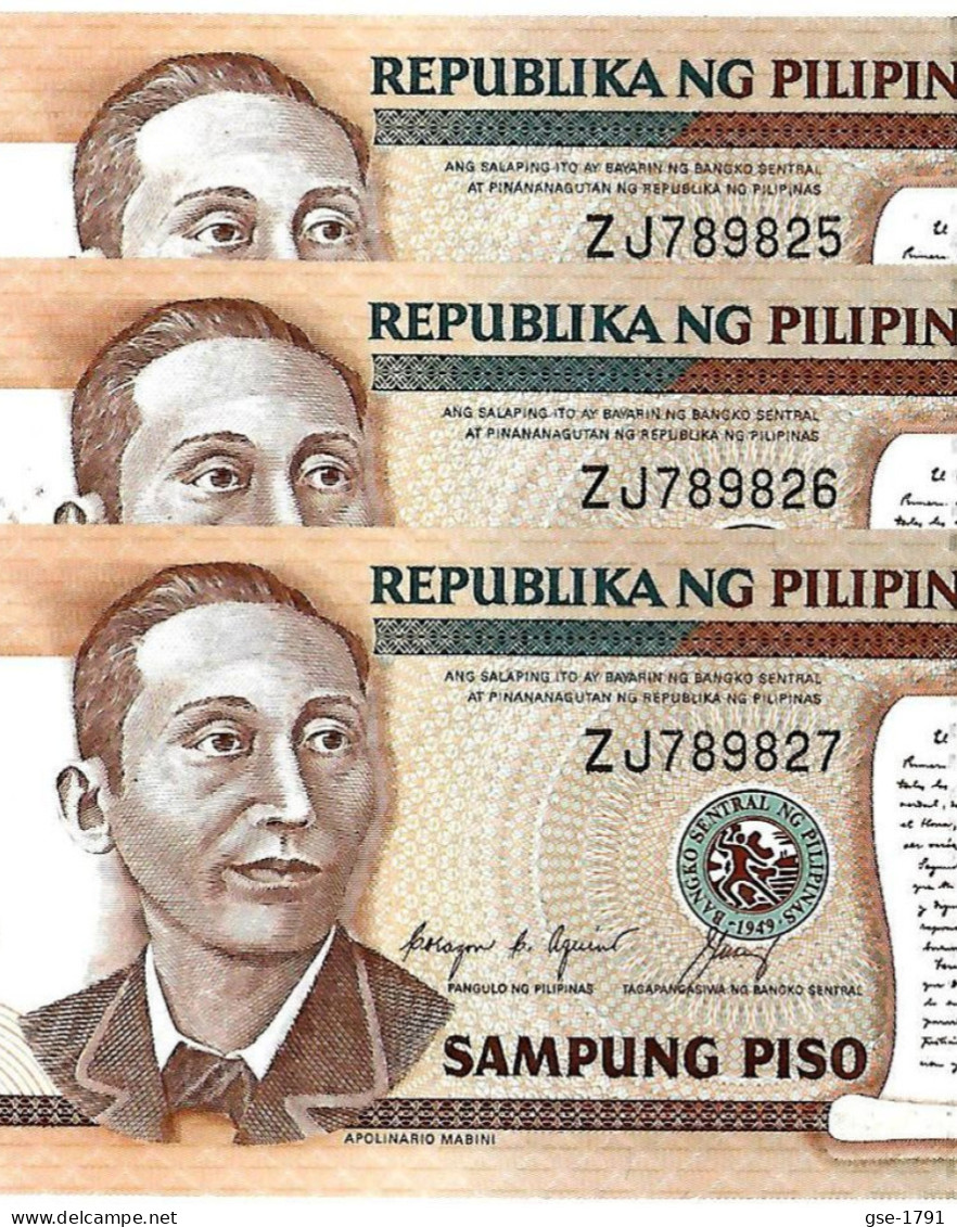 PHILIPPINES   10 Piso   #169c  ,Lettre Manuscrite,  Aquino & Cuisia  Lot De 3 Billets Série NEUFS - Philippines