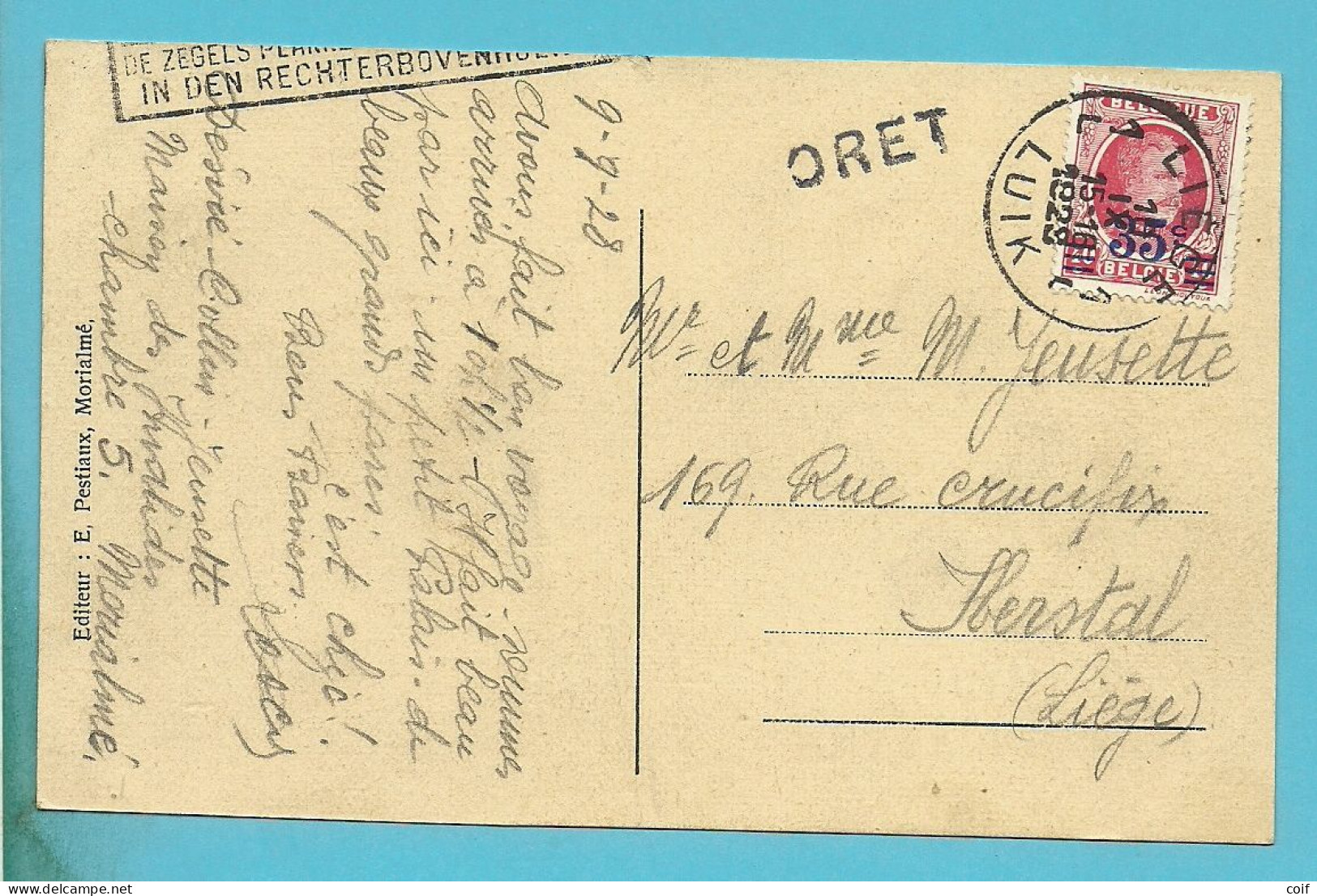 247 Op Kaart "Chateau De Morialme" Stempel LIEGE Met Naamstempel (Griffe D'origine) ORET - 1922-1927 Houyoux