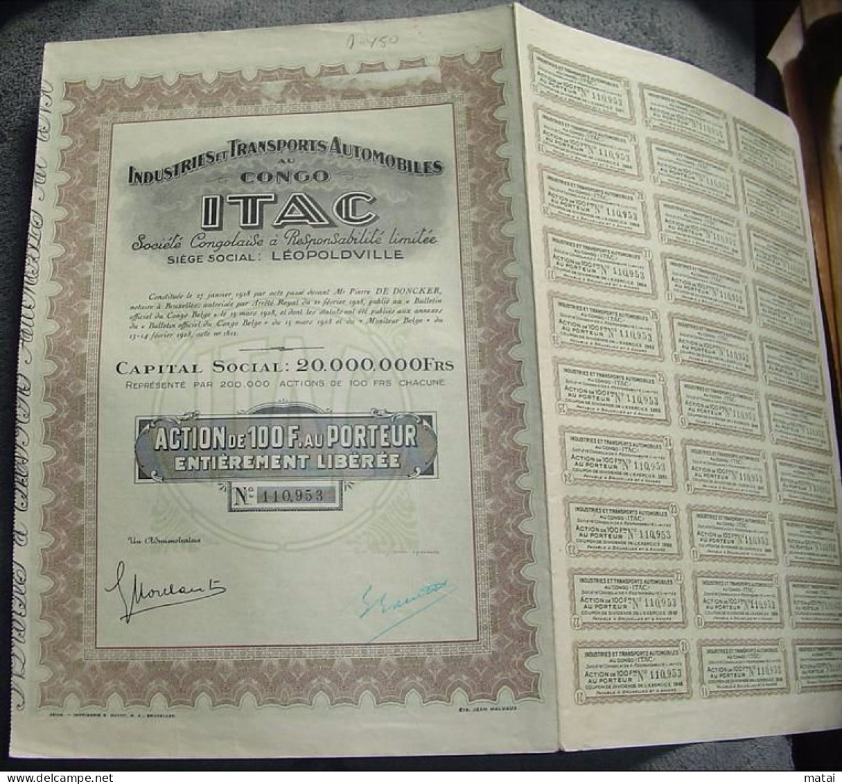 Action " Industries Et Transport Automobiles Au Congo " ( Itac ) Leopoldville 1928 Très Bon état,avec Tous Les Coupons. - Cars