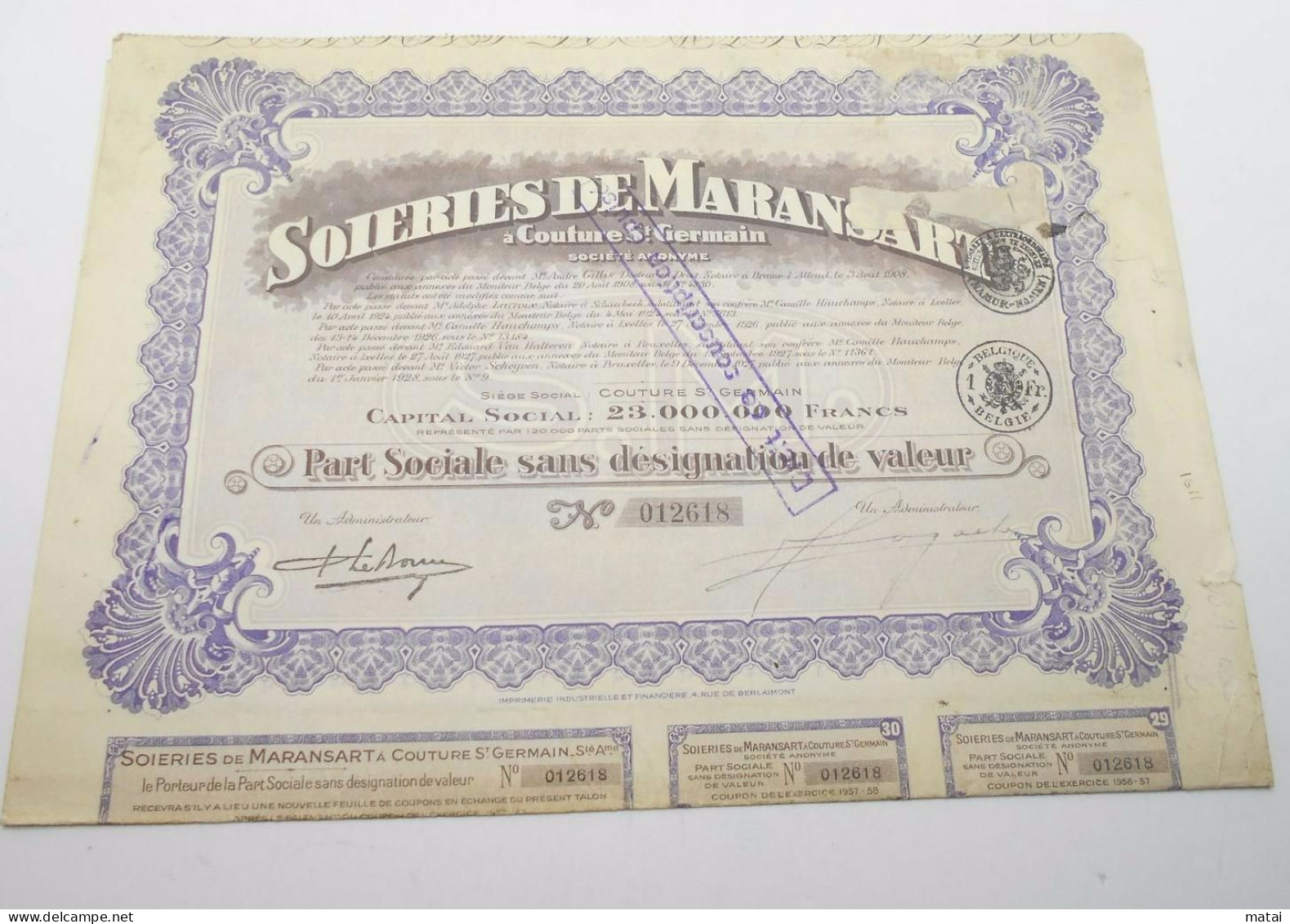 Part Sociale " Soieries De Maransart " Couture St Germain 1928 Soie Textile ,avec Tous Les Coupons N° 012618 - Tessili