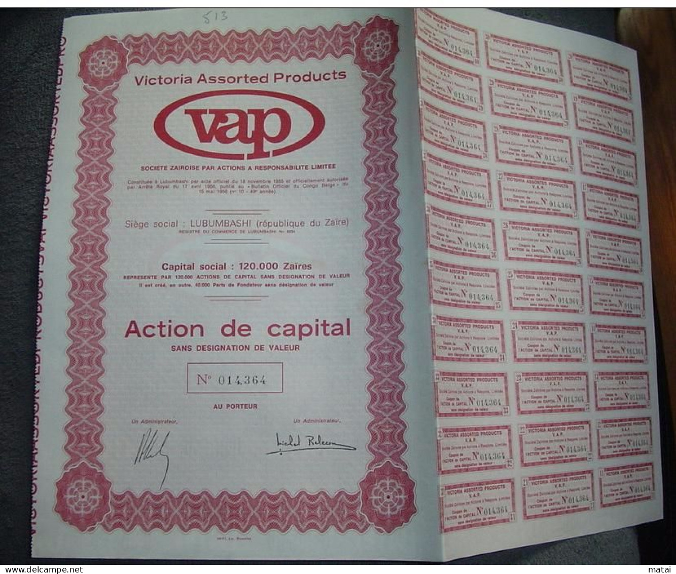 Action " Victoria Assorted Products VAP " Lubumbashi Zaïre 1956 Alimentation Excellent état..Congo Belge - Acqua