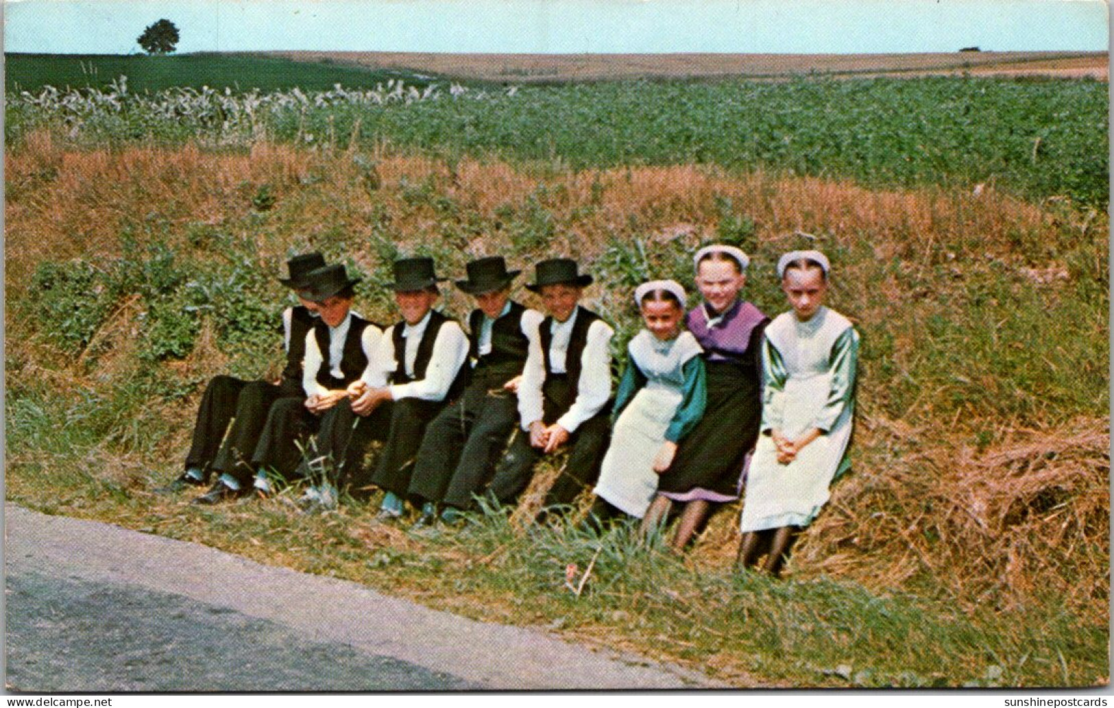 Pennsylvania Greetings From Amish Country Group Of Amish Boys And Girls Resting After Sunday Walk 1977 - Lancaster