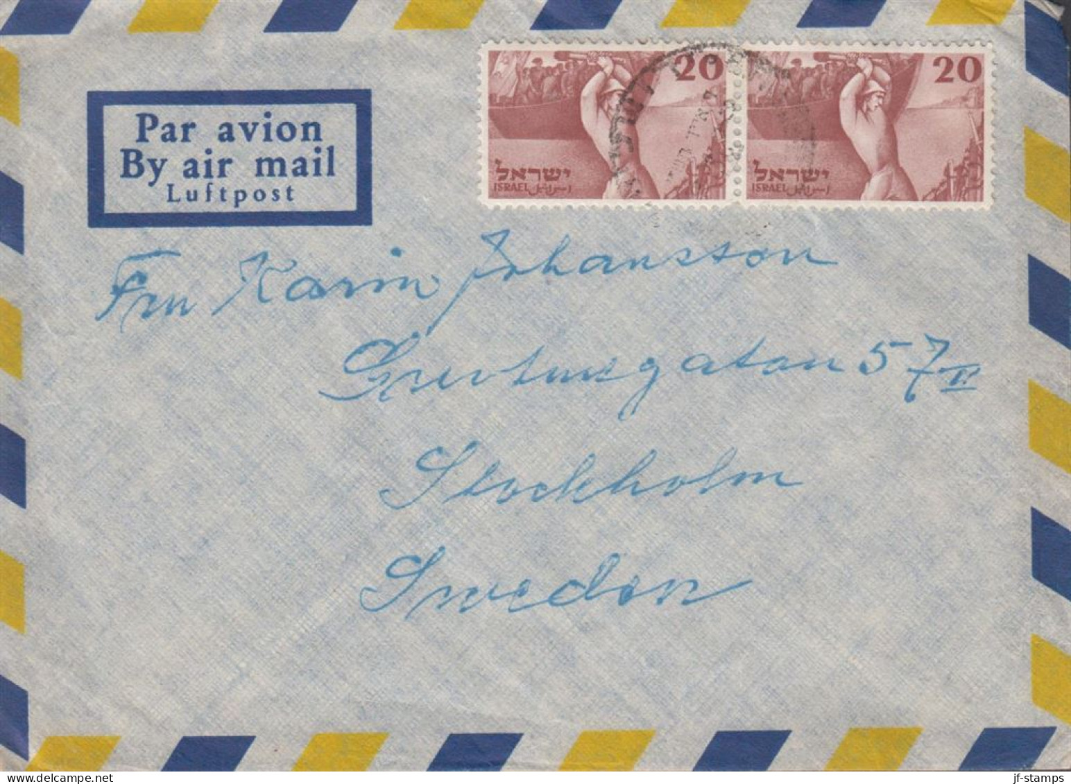 1950. ISRAEL. Pair 20 Pr. 2nd Independence Day On Nice AIR MAIL Cover To Sweden.  (Michel 30) - JF438527 - Other & Unclassified