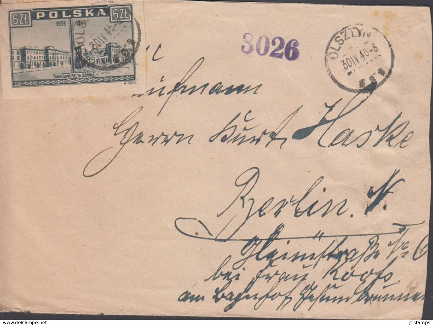 1946. POLSKA. 6 Zl. WARSZAWA On Cover To Berlin In Germany Cancelled OLSZTYN 30 IV 46. (Michel 417) - JF438545 - Government In Exile In London