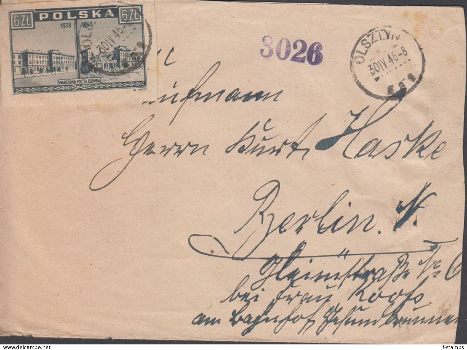 1946. POLSKA. 6 Zl. WARSZAWA On Cover To Berlin In Germany Cancelled OLSZTYN 30 IV 46. (Michel 417) - JF438545 - Londoner Regierung (Exil)