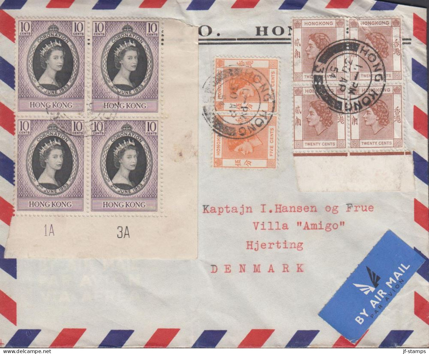 1954. HONG KONG. Elisabeth II. 4-block TWENTY CENTS + Pair FIVE CENTS Together With 10 Cents ... (Michel 181) - JF438536 - Oblitérés