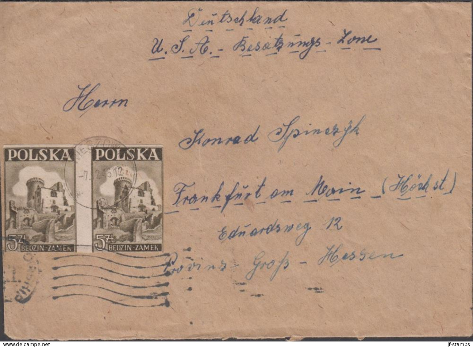 1946. POLSKA. 5 Zl. BEDZIN-ZAMEK In Pair On Cover To Frankfurt A. Main USA Occ. Zone In Germa... (Michel 441) - JF438544 - Gouvernement De Londres (exil)