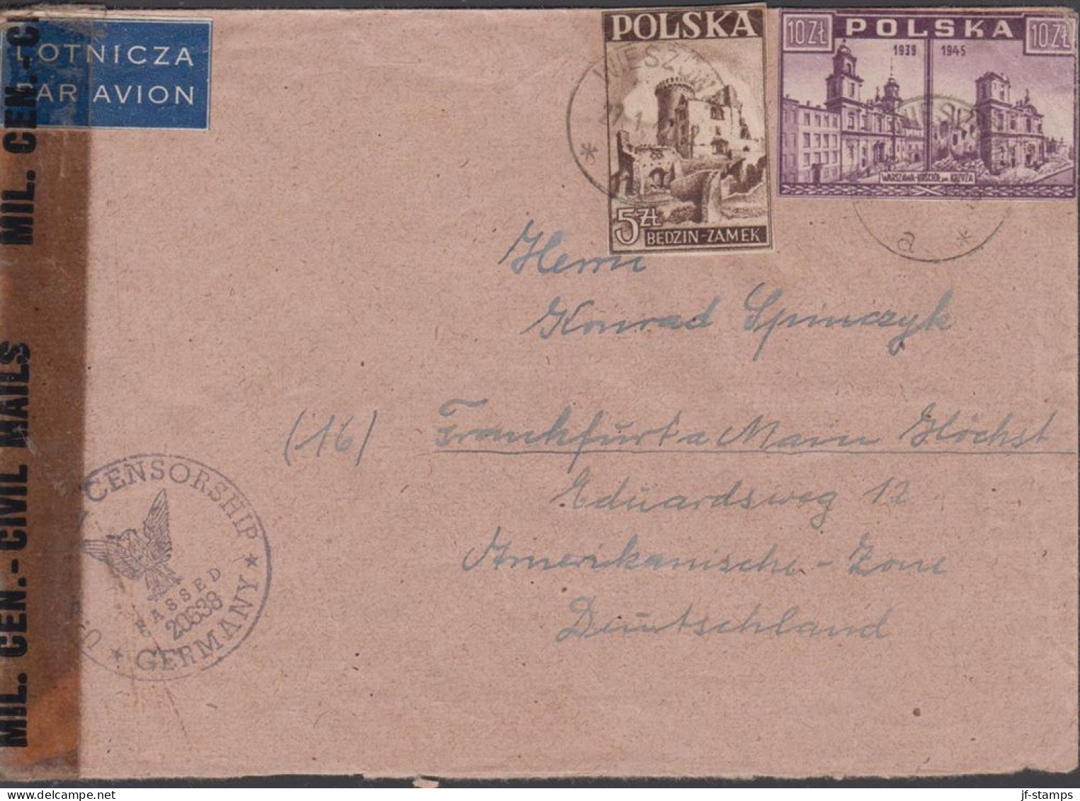 1947. POLSKA. 10 Zl. WARSZAWA + ZL 5 On Censored Cover To Germany Cancelled WIESZOW 27. 1. 4... (Michel 419+) - JF438546 - Gouvernement De Londres (exil)