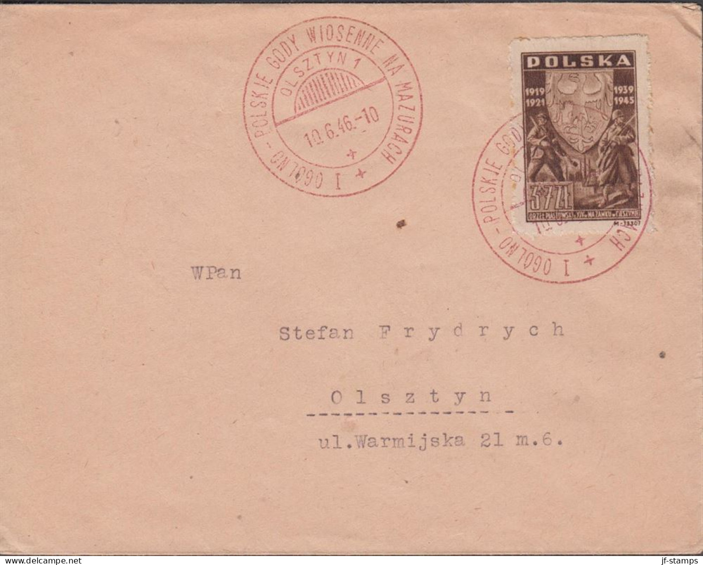 1946. POLSKA. 3 + 7 Zl. Schlesian Resistance Cancelled With Red Special Cancel OLSZTYN 10.6.4... (Michel 437) - JF438548 - Regering In Londen(Ballingschap)