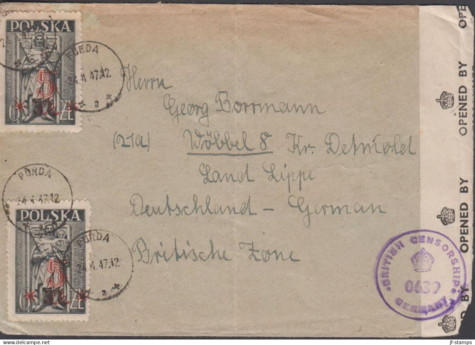 1947. POLSKA. 2 Ex 5 ZL On 6 Zl. Heinreich Cancelled With PURDA 24. 4. 47 To Land Lippe, Brit... (Michel 454) - JF438550 - Government In Exile In London