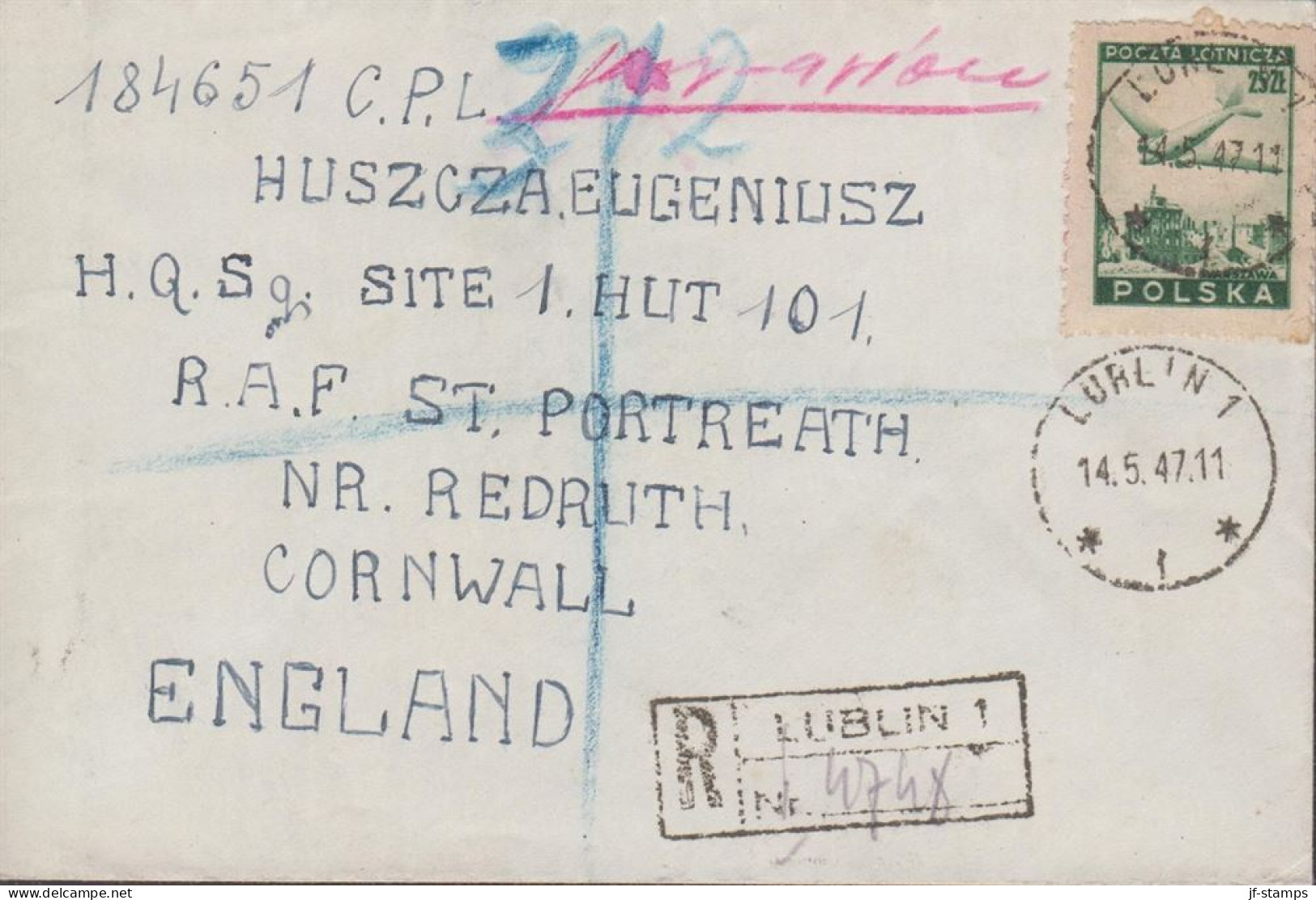 1947. POLSKA. 25 Zl. Douglas DC 3 LOTNICZA On Small Registered Controled Cover To England Can... (Michel 432) - JF438553 - Government In Exile In London