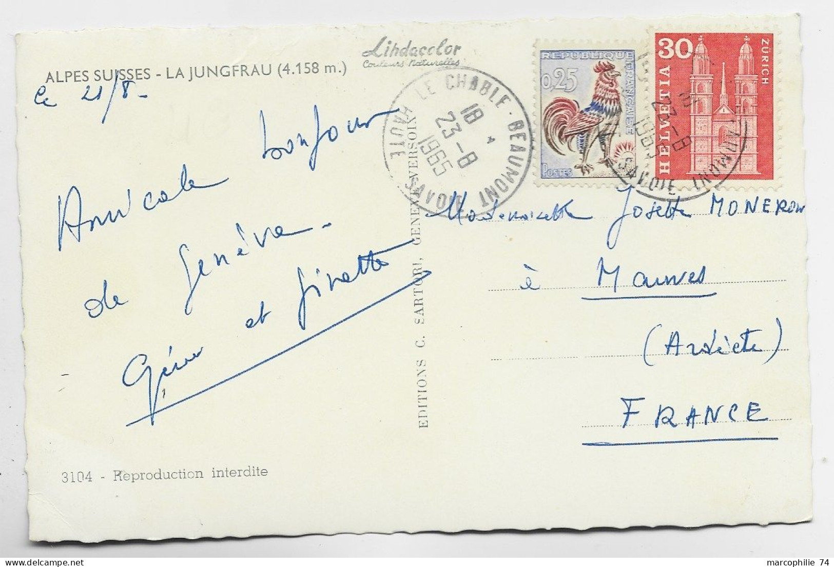 FRANCE DECARIS 25C MIXTE HELVETIA 30C CARTE OBL LE CHABLE BEAUMONT HAUTE SAVOIE 23.8.1965 POUR FRANCE - 1962-1965 Coq De Decaris