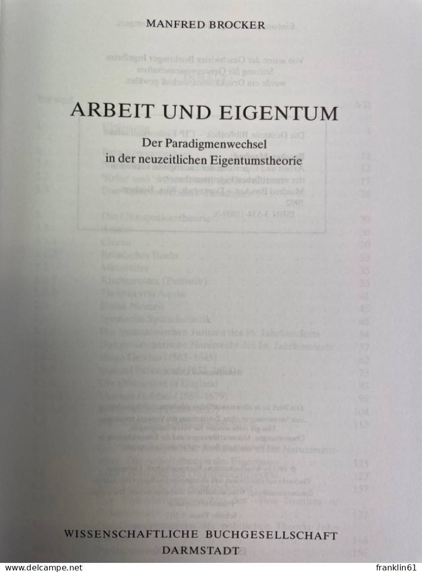 Arbeit Und Eigentum : Der Paradigmenwechsel In Der Neuzeitlichen Eigentumstheorie. - Filosofía