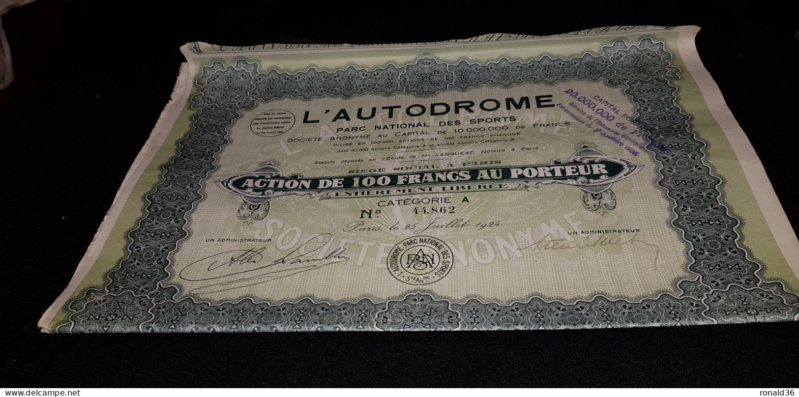 Titre Action L' AUTODROME Parc National Des Sports 1924 Montlhéry Linas 91 Siège PARIS Etude Lanquest Monnaie 100 Francs - Automobile