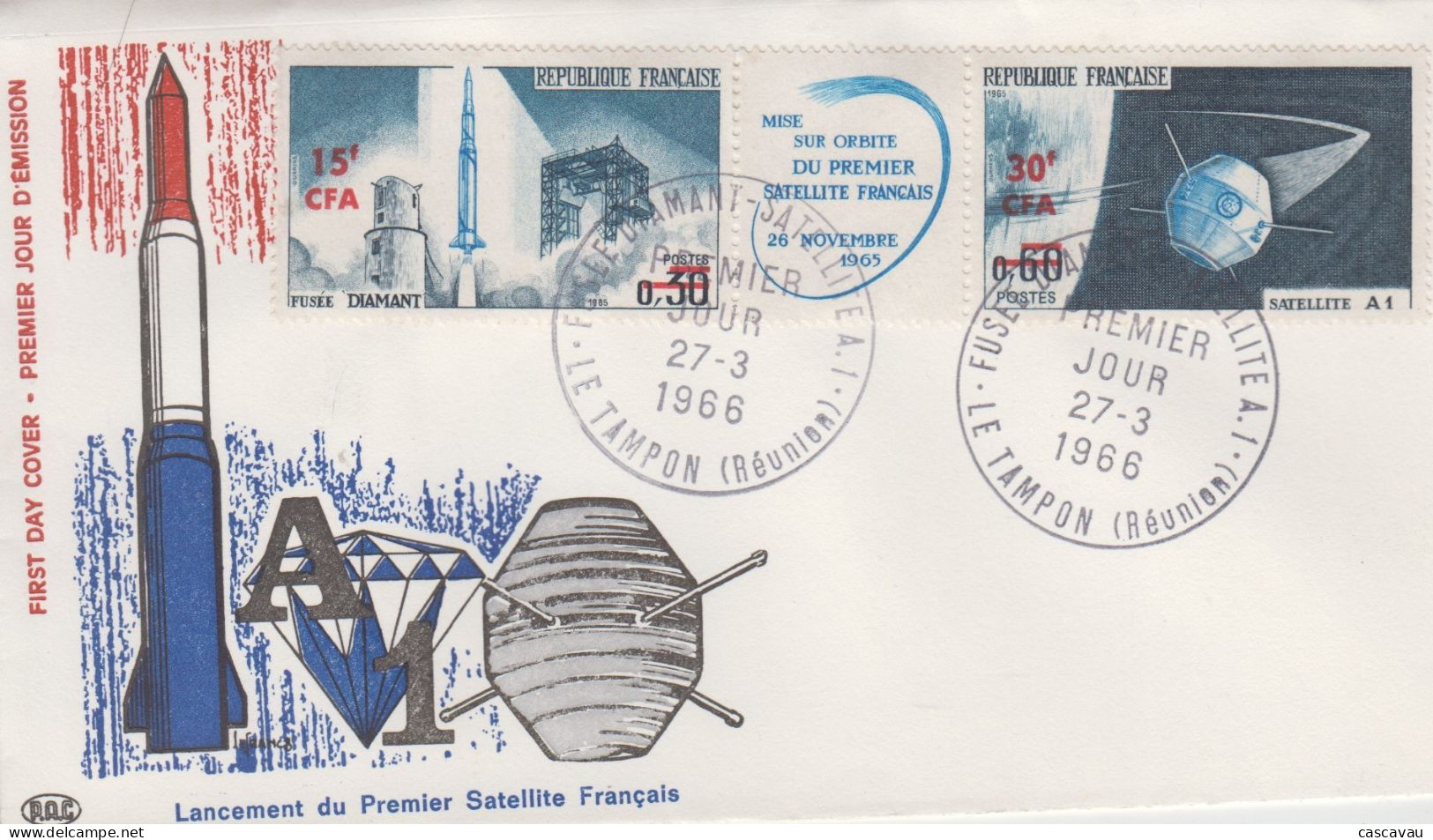 Enveloppe  FDC  1er  Jour   REUNION   Triptyque  Lancement  Du  Premier  Satellite    LE  TAMPON    1966 - Altri & Non Classificati